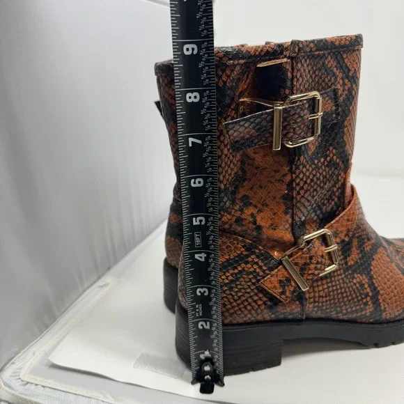 Asos Design Womens Snake Print Buckle Moto Boots Brown Black Chunky Heel Size 8 - Picture 11 of 11
